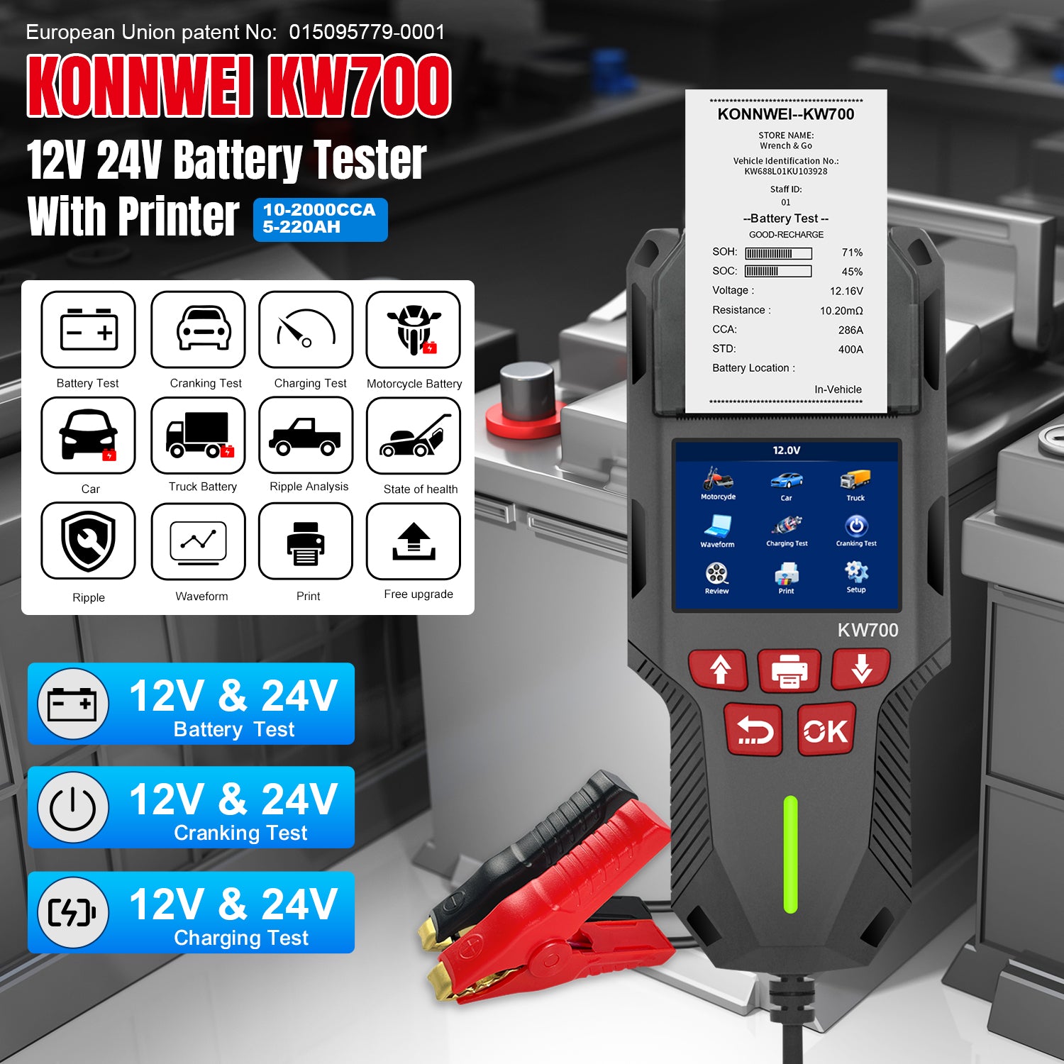 KONNWEI KW700 Batteritester m/ Indbygget Printer – 12V & 24V - BilligStyling