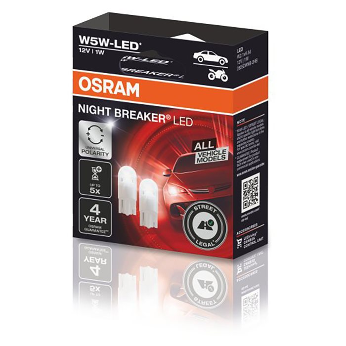 Osram Night Breaker W5W-LED 12V ECE godkendt - Sæt med 2 stk. - BilligStyling