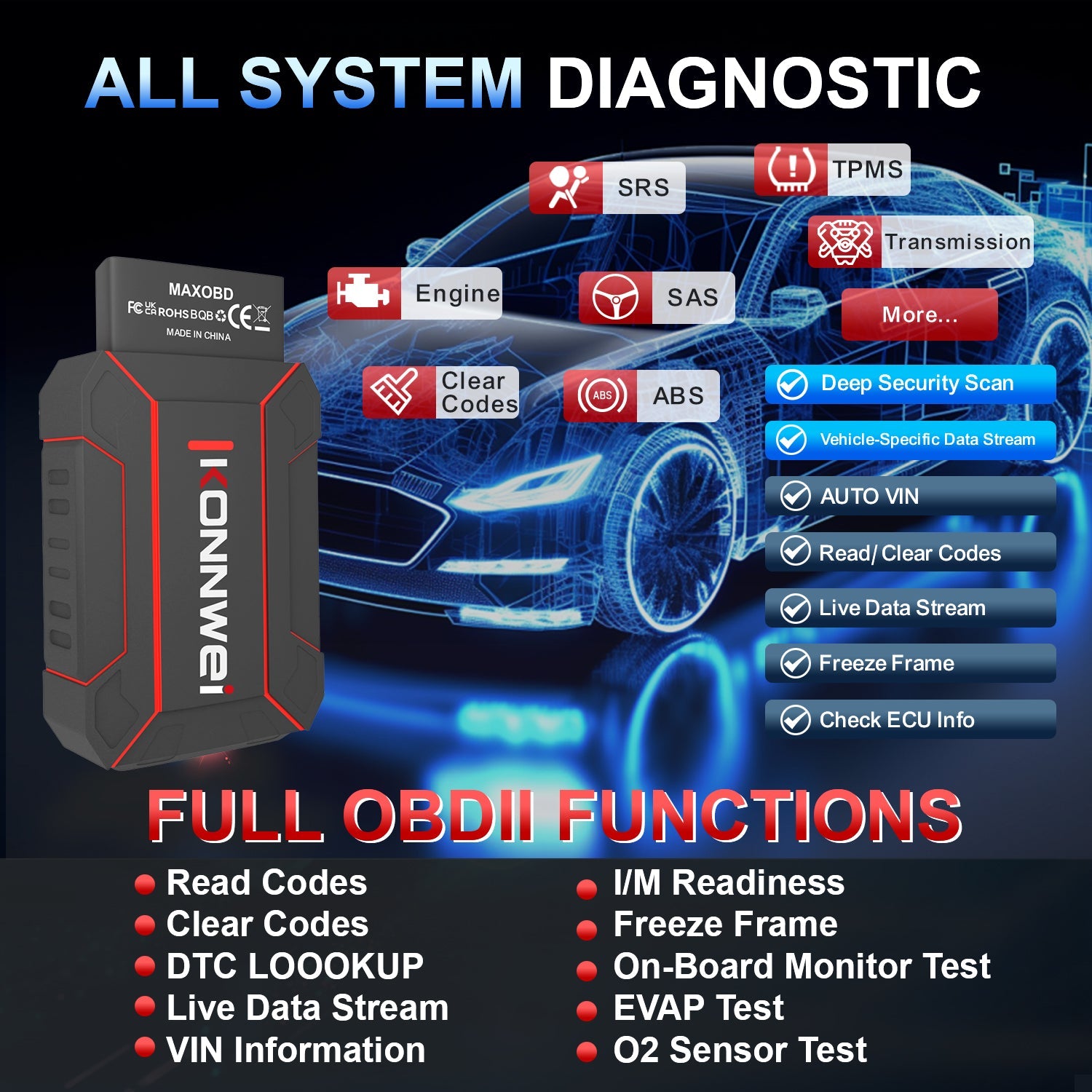 KONNWEI MaxOBD – Fuld System OBD2 Scanner (Bluetooth iOS/Android) KONNWEI