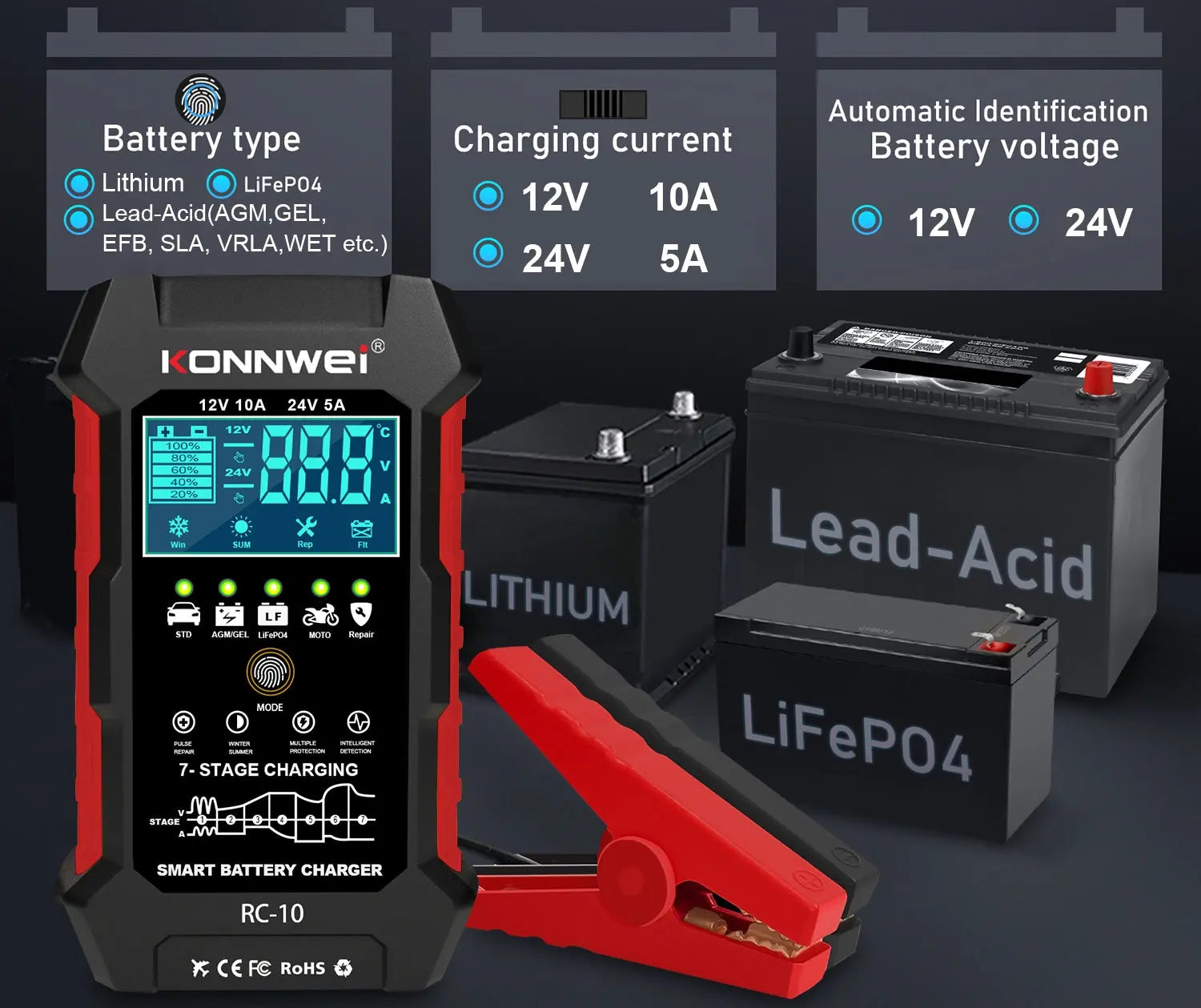 KONNWEI Batterilader RC-10 12V/24V - BilligStyling